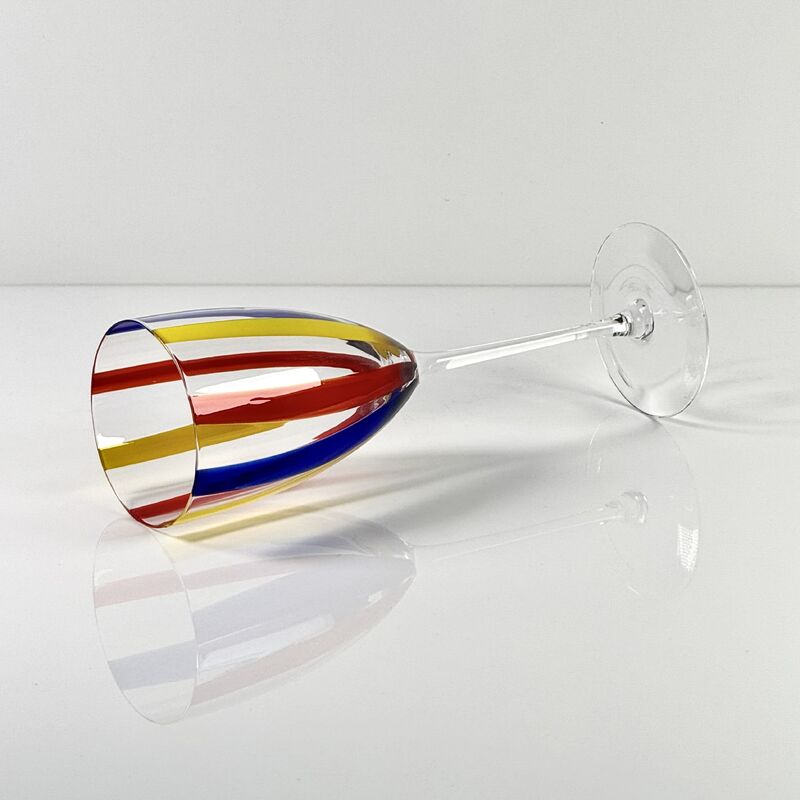 품질 Hand Blown Art Glass Goblet & Coupe Glass Set, Vibrant Red Yellow Blue Vertical Cane Stripes Murano Style Stemmed Wine & Martini Glasses for Bar, Party & Gift 공장