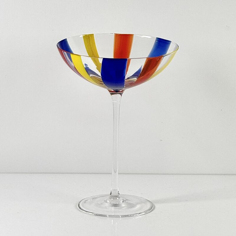 품질 Hand Blown Art Glass Goblet & Coupe Glass Set, Vibrant Red Yellow Blue Vertical Cane Stripes Murano Style Stemmed Wine & Martini Glasses for Bar, Party & Gift 공장