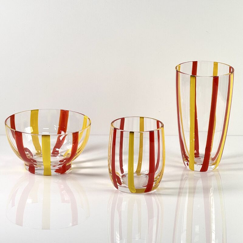 품질 Hand Blown Colored Cane Striped Glass Tumbler & Bowl Set, Murano Style Red Yellow Vertical Stripe Drinking Cups and Snack Bowl, Lead-Free Art Glass for Water, Juice, Table Decor 공장