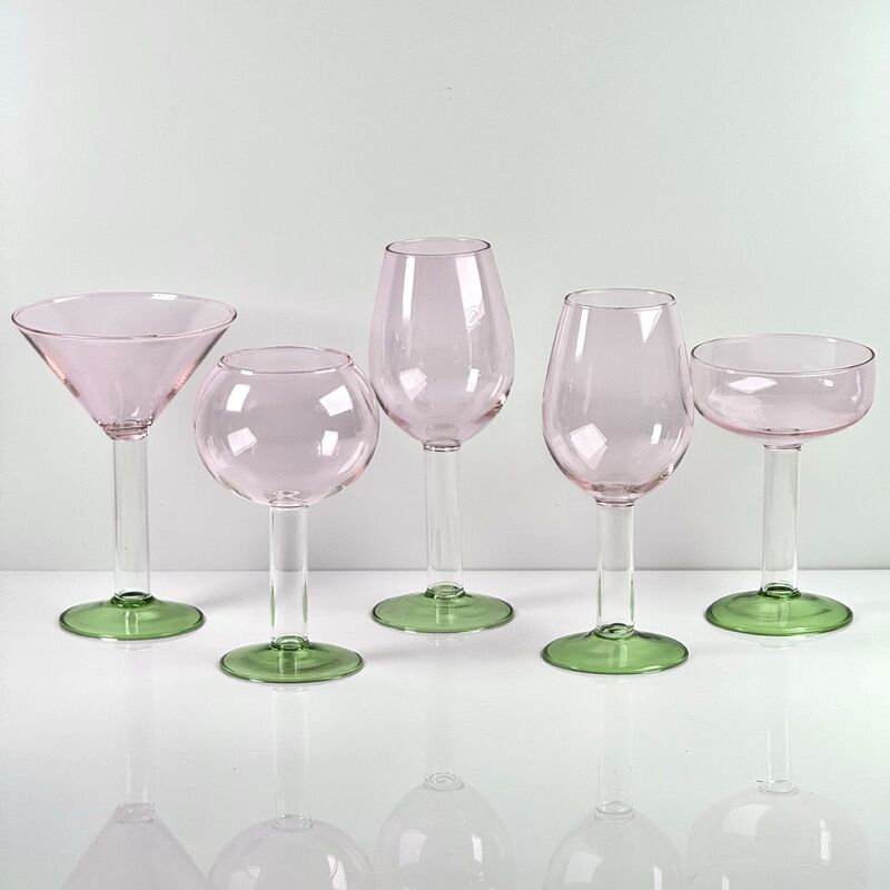 품질 Hand Blown Borosilicate Stemmed Wine & Cocktail Glass Set, Pink Bowl with Green Hollow Stem Base, Colored Spray Tinted Art Goblets for Bar, Wedding & Table Decor 공장