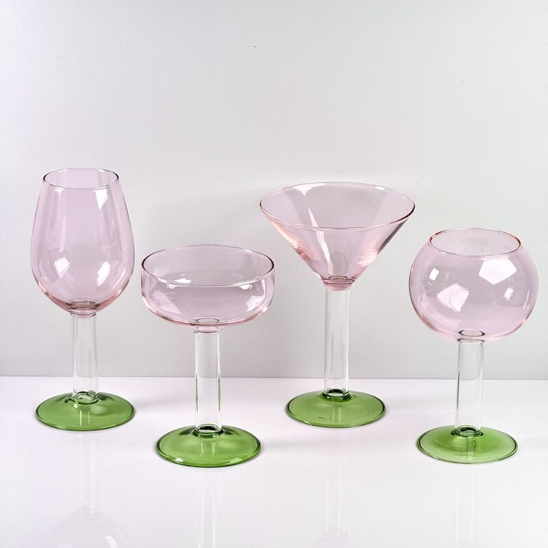품질 Hand Blown Borosilicate Stemmed Wine & Cocktail Glass Set, Pink Bowl with Green Hollow Stem Base, Colored Spray Tinted Art Goblets for Bar, Wedding & Table Decor 공장
