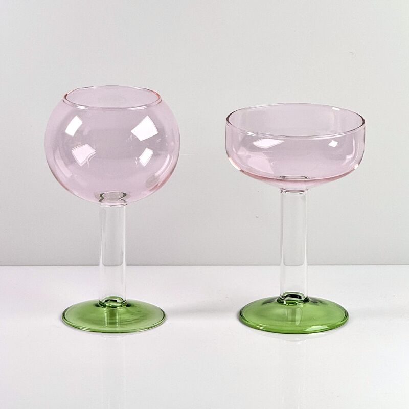 품질 Hand Blown Borosilicate Stemmed Wine & Cocktail Glass Set, Pink Bowl with Green Hollow Stem Base, Colored Spray Tinted Art Goblets for Bar, Wedding & Table Decor 공장