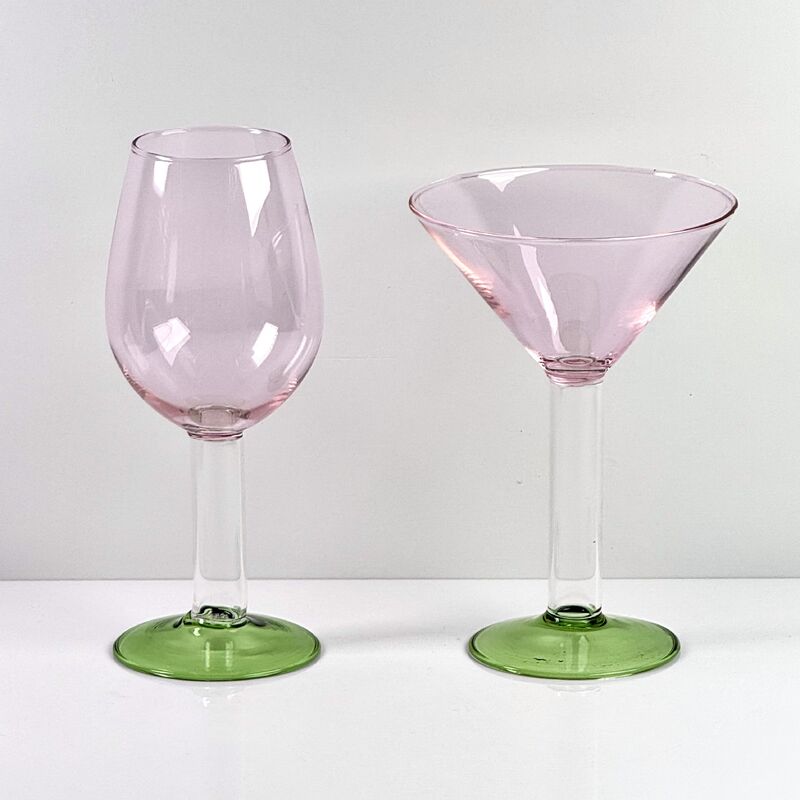 품질 Hand Blown Borosilicate Stemmed Wine & Cocktail Glass Set, Pink Bowl with Green Hollow Stem Base, Colored Spray Tinted Art Goblets for Bar, Wedding & Table Decor 공장