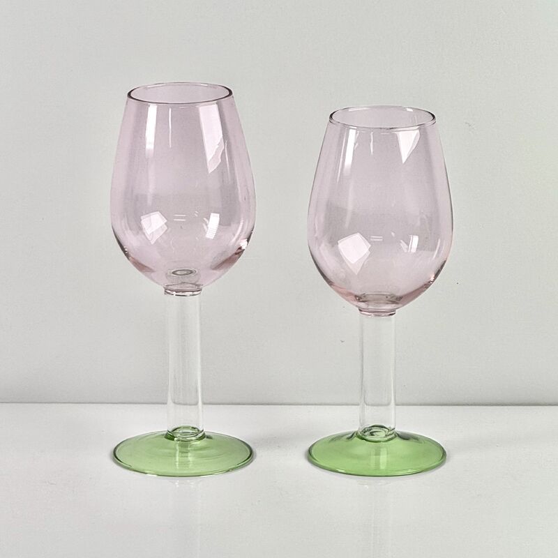 품질 Hand Blown Borosilicate Stemmed Wine & Cocktail Glass Set, Pink Bowl with Green Hollow Stem Base, Colored Spray Tinted Art Goblets for Bar, Wedding & Table Decor 공장