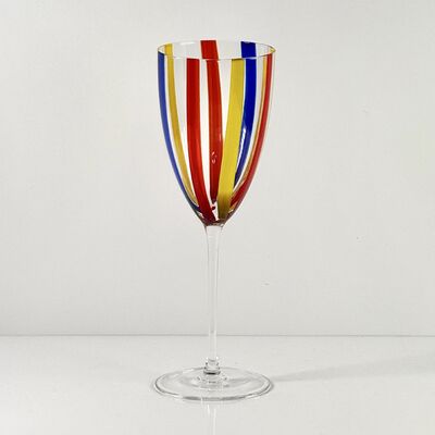 품질 Hand Blown Art Glass Goblet & Coupe Glass Set, Vibrant Red Yellow Blue Vertical Cane Stripes Murano Style Stemmed Wine & Martini Glasses for Bar, Party & Gift 공장