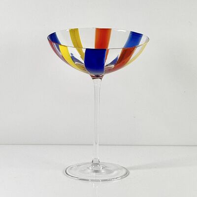 품질 Hand Blown Art Glass Goblet & Coupe Glass Set, Vibrant Red Yellow Blue Vertical Cane Stripes Murano Style Stemmed Wine & Martini Glasses for Bar, Party & Gift 공장