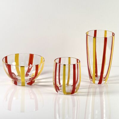품질 Hand Blown Colored Cane Striped Glass Tumbler & Bowl Set, Murano Style Red Yellow Vertical Stripe Drinking Cups and Snack Bowl, Lead-Free Art Glass for Water, Juice, Table Decor 공장