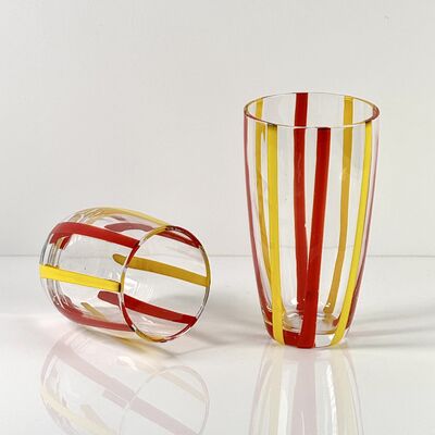 품질 Hand Blown Colored Cane Striped Glass Tumbler & Bowl Set, Murano Style Red Yellow Vertical Stripe Drinking Cups and Snack Bowl, Lead-Free Art Glass for Water, Juice, Table Decor 공장