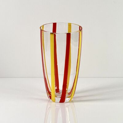 품질 Hand Blown Colored Cane Striped Glass Tumbler & Bowl Set, Murano Style Red Yellow Vertical Stripe Drinking Cups and Snack Bowl, Lead-Free Art Glass for Water, Juice, Table Decor 공장
