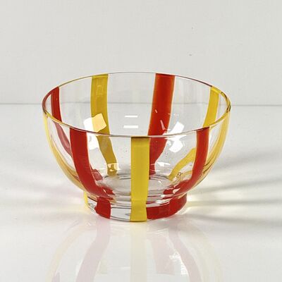 품질 Hand Blown Colored Cane Striped Glass Tumbler & Bowl Set, Murano Style Red Yellow Vertical Stripe Drinking Cups and Snack Bowl, Lead-Free Art Glass for Water, Juice, Table Decor 공장