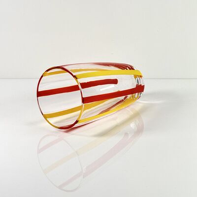 품질 Hand Blown Colored Cane Striped Glass Tumbler & Bowl Set, Murano Style Red Yellow Vertical Stripe Drinking Cups and Snack Bowl, Lead-Free Art Glass for Water, Juice, Table Decor 공장
