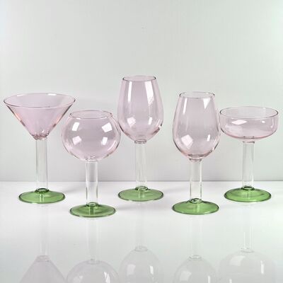 품질 Hand Blown Borosilicate Stemmed Wine & Cocktail Glass Set, Pink Bowl with Green Hollow Stem Base, Colored Spray Tinted Art Goblets for Bar, Wedding & Table Decor 공장
