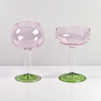 품질 Hand Blown Borosilicate Stemmed Wine & Cocktail Glass Set, Pink Bowl with Green Hollow Stem Base, Colored Spray Tinted Art Goblets for Bar, Wedding & Table Decor 공장