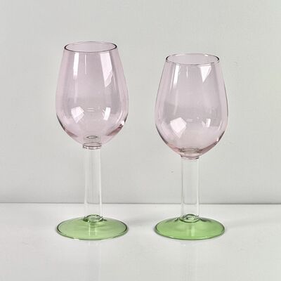 품질 Hand Blown Borosilicate Stemmed Wine & Cocktail Glass Set, Pink Bowl with Green Hollow Stem Base, Colored Spray Tinted Art Goblets for Bar, Wedding & Table Decor 공장