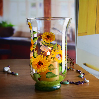 품질 집을 위한 손 색칠한 해바라기 패턴 글라스 양초 홀더들 공장